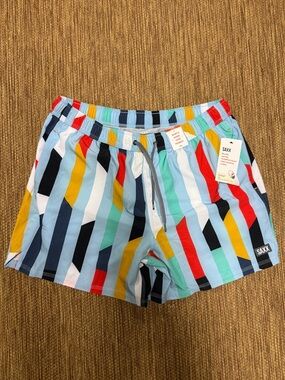 Saxx Multicolor Stripe Swim Trunks in Light Blue, Red, Yellow & Teal